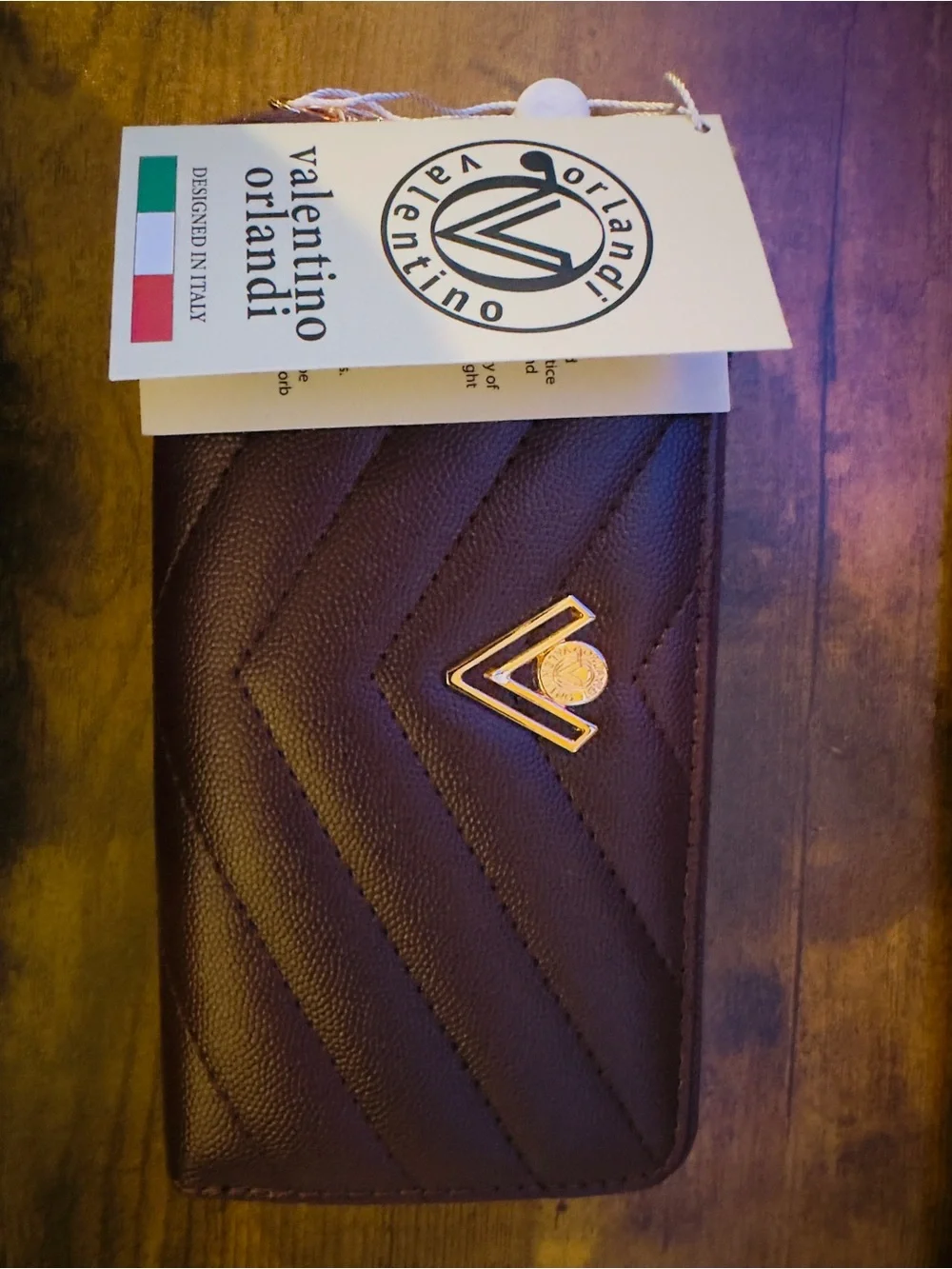 Valentino Orlandi Brown Quilted Card Holder with Gold Emblem